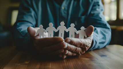Man holding hands above small paper white human figures. Human rights protection and safe Community of people concept design
