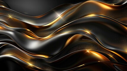 Abstract black and gold wavy background with glitter.