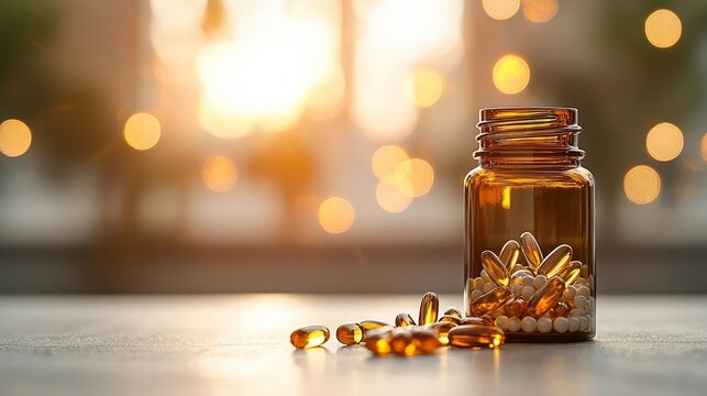 Warm, sunlit scene with Omega 3 capsules spilling from a glass bottle, set against a glowing bokeh background, AI-generated image