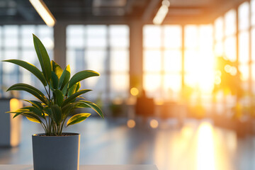 Leafy Green Plant in Softly Lit Office with Blur Background