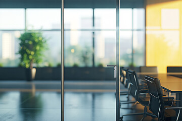 Open Glass Door Leading to a Conference Room with Blur Background