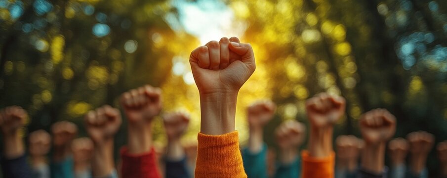 Group of workers raising their fists together in front of a historic labor monument, symbolizing solidarity, Labor Day, honoring the power of united action.