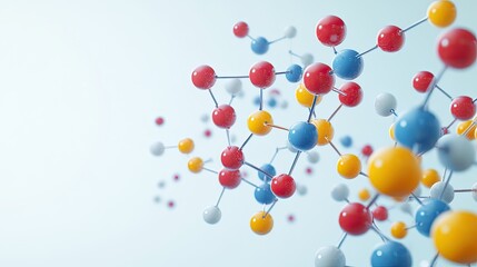 A 3D molecular model with connected atoms in bright colors, floating against a clean background. The space around the model is ideal for adding text.