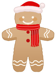 smile gingerbread man hand-drawn with Santa hat and red scarf Cute Character Clip Art Doodle Cartoon Transparent Background