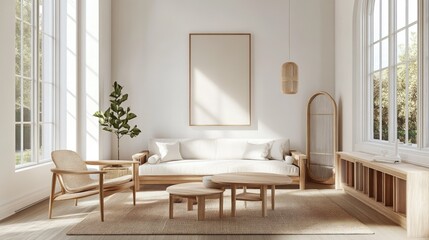 A chic Scandinavian living room with minimalist design furniture, natural light, and light wood accents. The upper portion is left blank for text.