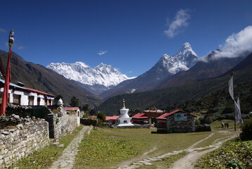 Dingboche Buddhist Monastery and Everest and Ama Dablam mountain in the background