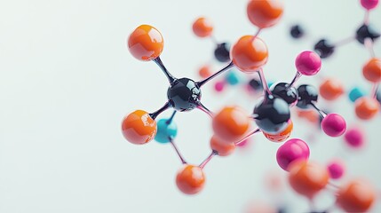 A close-up of a molecule model with bonds and atoms, rendered in vibrant colors on a light background. The upper area is clear for text placement.