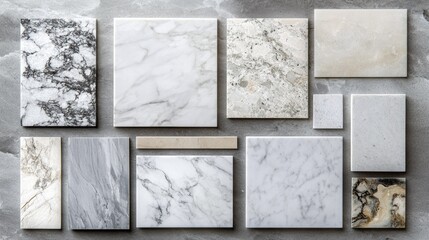 A collection of interior design materials, including marble, laid out in a flat lay format. The upper portion is left blank for text.