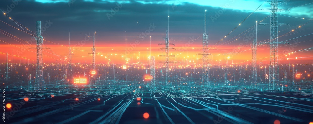Poster Panoramic 3D view of telephone lines over a digital grid, with cables transforming into data streams, merging the physical world with digital networks 