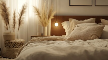 A cozy, modern bedroom with plush bedding, neutral tones, and stylish decor. The background is softly lit, leaving space for text overlay.