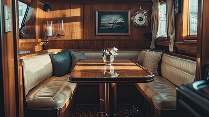 A cozy yacht cabin interior with a table and seating, surrounded by polished wood finishes. The scene is framed to leave space for text overlay.