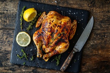 A whole roasted chicken with lemon wedges and thyme on a black slate board.