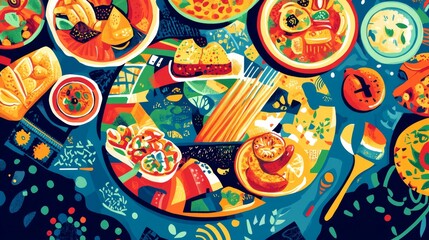 Abstract colorful food pattern, red, yellow, blue, green, and orange plates on a dark blue background.