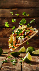 Capture the vibrant flavors of a Mexican street taco featuring grilled chicken, topped with fresh cilantro, diced onions, and salsa verde. The taco is artistically floating in mid-air