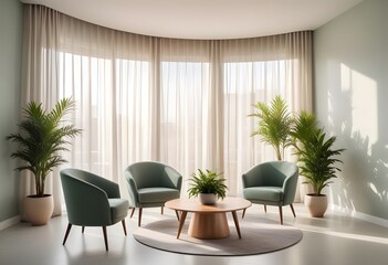 modern living room with armchair. A modern waiting room with gray walls, large windows, and green upholstered chairs arranged in a row. 