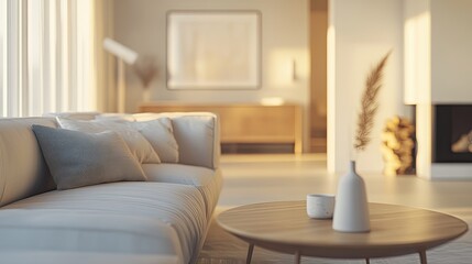 A modern living room in Scandinavian style, with stylish furniture and clean lines. The background is softly lit, leaving space for text overlay.