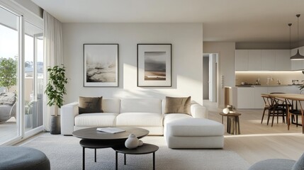 A modern living room in Scandinavian style, with stylish furniture and clean lines. The background is softly lit, leaving space for text overlay.