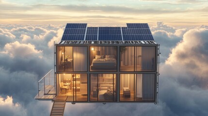 Modern house with solar panels floating above the clouds at sunset.