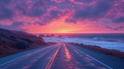 an asphalt road running parallel to a rugged coastline, with crashing waves visible in the distance. The road is straight and well-maintained, bordered by sandy beaches or rocky cliffs