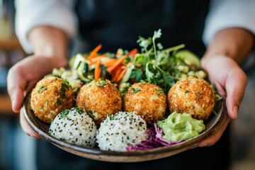 Person holding a plate of food with rice balls, breaded balls, guacamole, and salad.