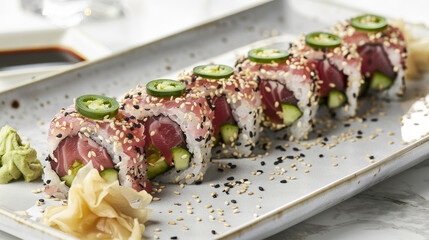 Experience the allure of upscale dining with spicy tuna rolls composed of chopped tuna, spicy mayo, and crunchy cucumber, topped with jalape slices and sesame seeds