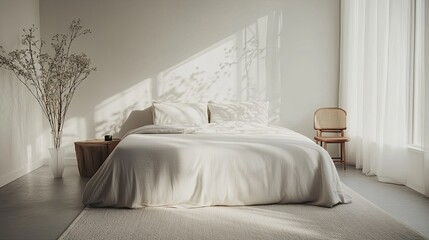 A serene bedroom interior with luxurious bedding and minimalist design elements. The upper portion is left blank for text.