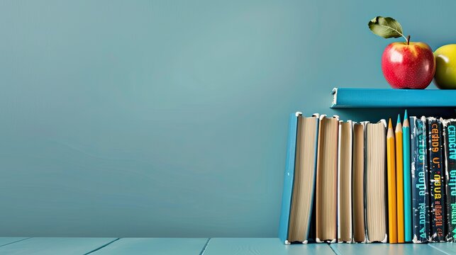 A red green apple and colorful pencils on a blue background with stacked books