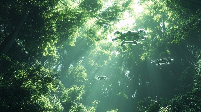 Drones equipped with seed dispersers hover above, replanting trees in areas devastated by deforestation. 