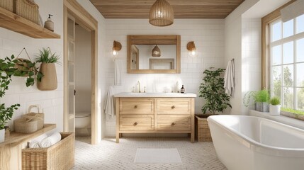 A stylish bathroom with farmhouse decor, featuring wood accents, pale colors, and rustic touches. The scene is composed to leave space for text.