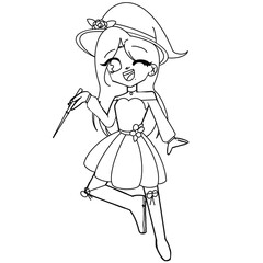 A girl in a witch costume is holding a wand