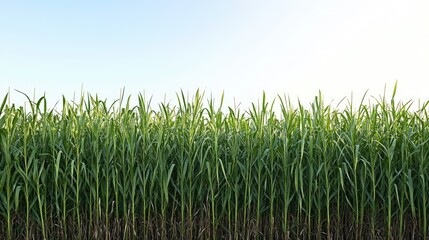 Fototapeta premium A wide-angle view of a sugar cane field with tall, green stalks stretching towards the sky. The background is clear, offering space for text.