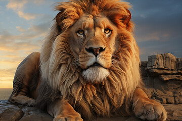 Fototapeta premium Illustrator of a majestic lion standing on a rocky outcrop with a sunset backdrop
