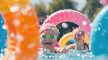 Joyful senior Caucasian woman with colorful swim goggles, enjoying pool activities with inflatable swim rings, exuding happiness and vitality.