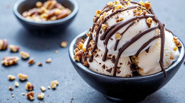 A breathtaking photo of an ice cream sundae with chocolate drizzle and a sprinkle of crushed nuts.