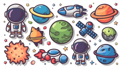 3D vector icon set for space. Cartoon objects: comet, ufo, rocket, planet, satellite, and astronaut
