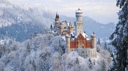 Snowy castle perched on a winter landscape, surrounded by a serene, snow-covered environment, creating a magical and picturesque win Seamless looping 4k time-lapse virtual video animation Generated AI