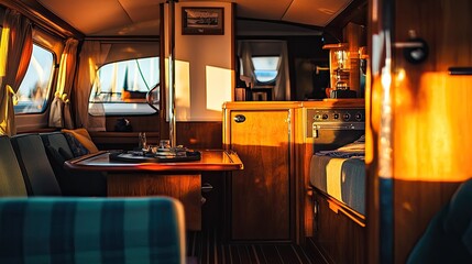 The interior of a boat cabin bathed in golden sunset light, with shadows playing across the furnishings. The background is softly lit, leaving space for text.