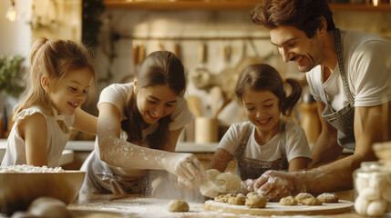Fototapeta premium A family of four, including two young girls, is in a kitchen making cookies. They are all smiling and having fun together