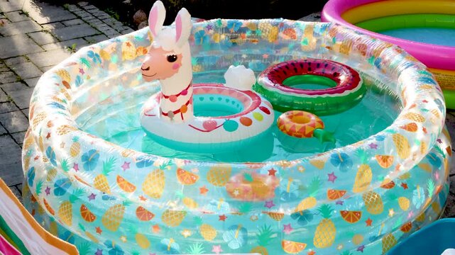 Inflatable pool in summer with swimming lap. Children and water games. Summer fun. 