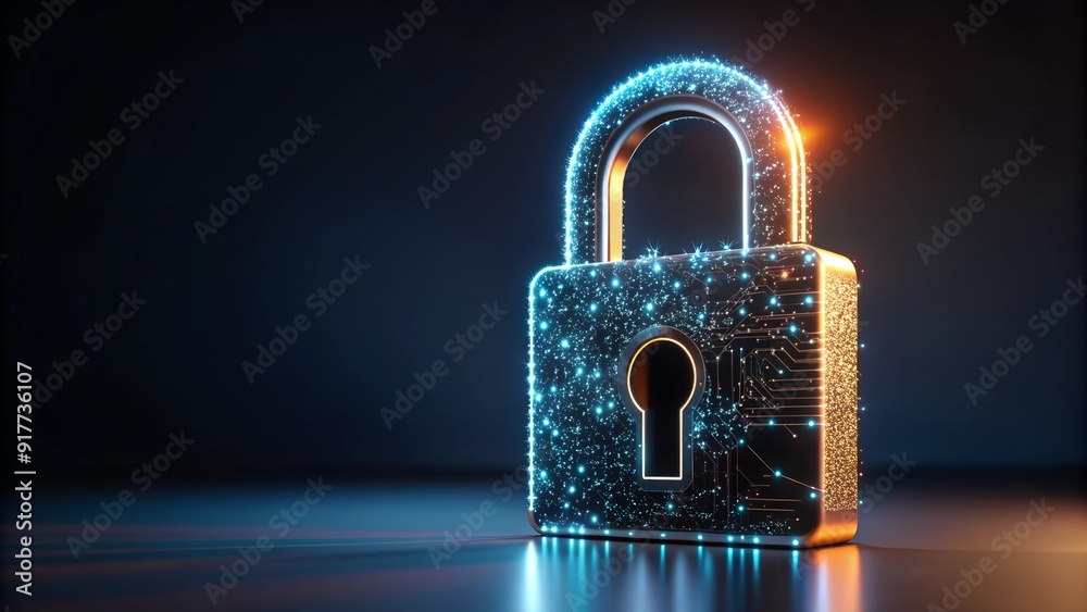 Poster digital padlock icon with abstract network graphics on dark background for cybersecurity