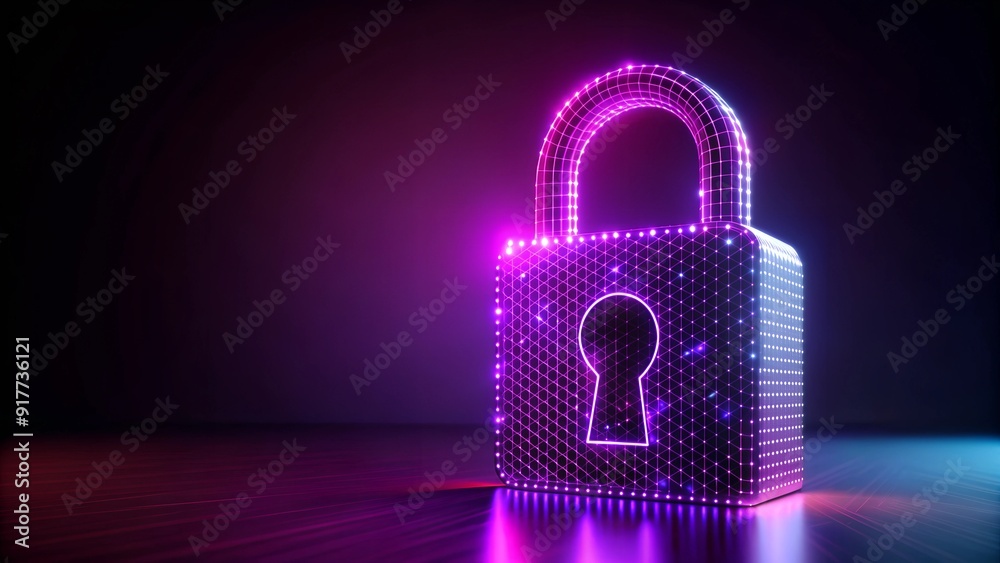 Poster digital padlock icon with abstract network graphics on dark background for cybersecurity