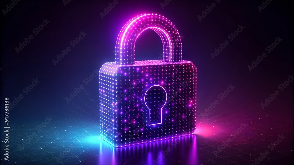 Poster digital padlock icon with abstract network graphics on dark background for cybersecurity
