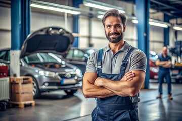 A man in a blue jumpsuit is posing for a picture in a car repair shop