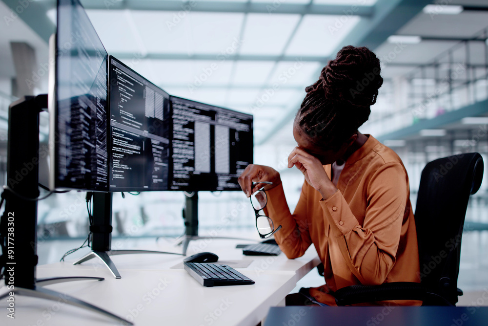Poster Unhappy Sad Developer Programmer Woman In Stress Coding Software On Computer