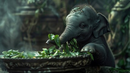Obraz premium A gray baby elephant eats greens off the ancient table