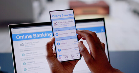 Online Banking On Mobile Phone And Laptop. Digital Ecommerce