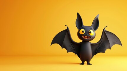 A playful Halloween design featuring a cute 3D cartoon black bat against an orange-yellow background, capturing a fun and festive mood