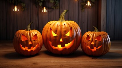 Fototapeta premium A creepy Halloween illustration featuring a menacing jack-o'-lantern with a glowing face against a dark background, capturing the eerie and spooky essence of Halloween