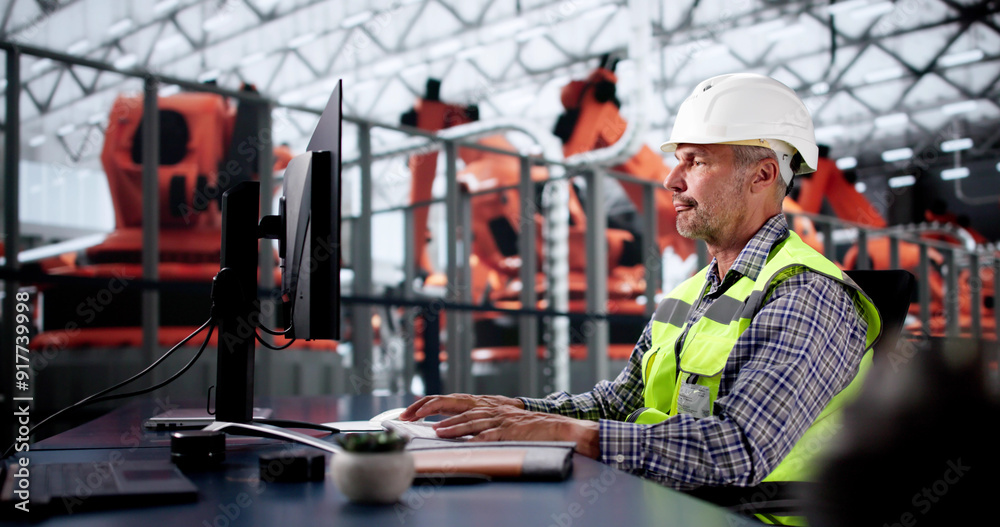 Poster engineer using pc in car factory