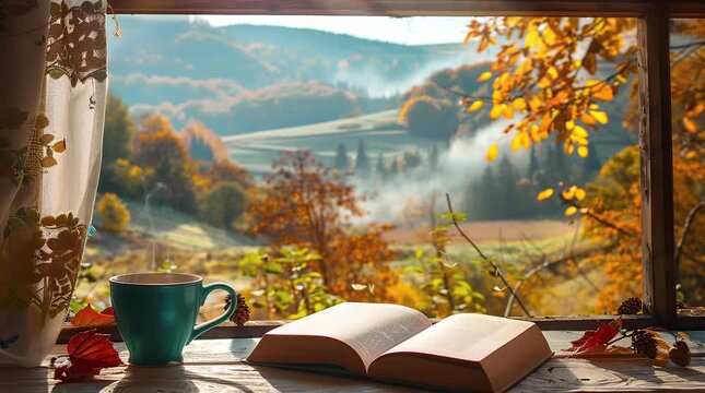 Book and coffee placed by a window overlooking an autumn landscape, creating a warm and cozy reading nook with vibrant fall colors
 Seamless looping 4k time-lapse virtual video animation Generated AI